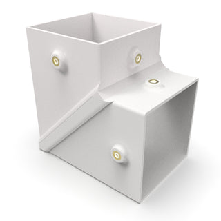 A 3D-rendered image of the Corner Joint for Holston74 Profile, a white rectangular duct transition fitting with four bolt holes, designed for airflow systems to shift ducting from vertical to horizontal at an angle.