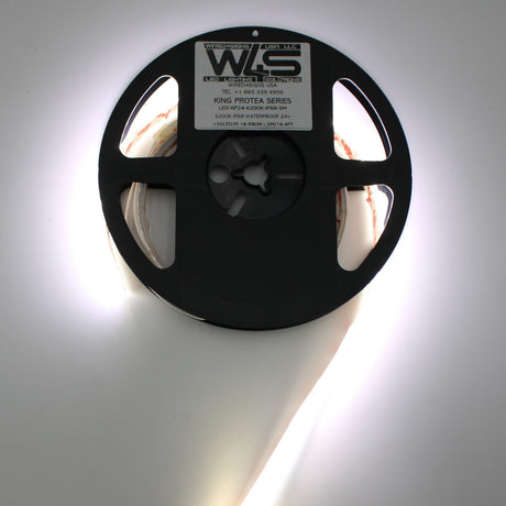 A reel of White High Output IP68 Waterproof LED Strip (24V) from the King Protea Series is partially unspooled, glowing brightly and illuminating the area around it.