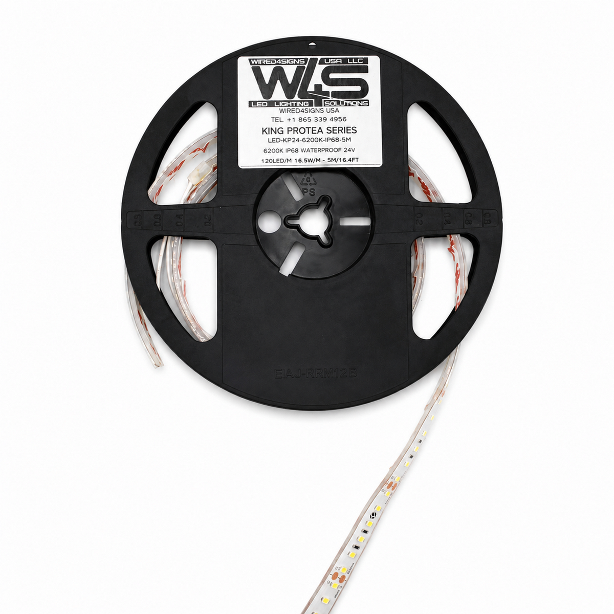 A black plastic reel labeled WS holds a coiled White High Output IP68 Waterproof LED Strip (24V) ~ King Protea Series, partially unwound, with visible white LED bulbs and copper contacts along the strip.