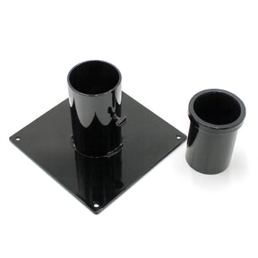 The Steel Base for 2.56" Round Profiles is a black metal floor stand with a glossy square steel base, a central cylindrical tube, and an additional matching round diffuser profile sleeve.