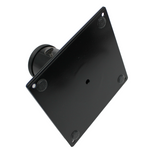 Steel Base for 2.56" Round Profiles: black metal plate with four rubber corner pads, a cylindrical rear attachment, and a central hole. Shown on a white background, it’s designed to mount round diffuser tubes securely.