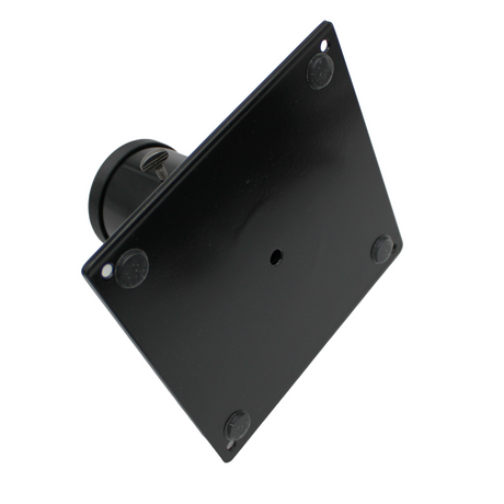Steel Base for 2.56" Round Profiles: black metal plate with four rubber corner pads, a cylindrical rear attachment, and a central hole. Shown on a white background, it’s designed to mount round diffuser tubes securely.