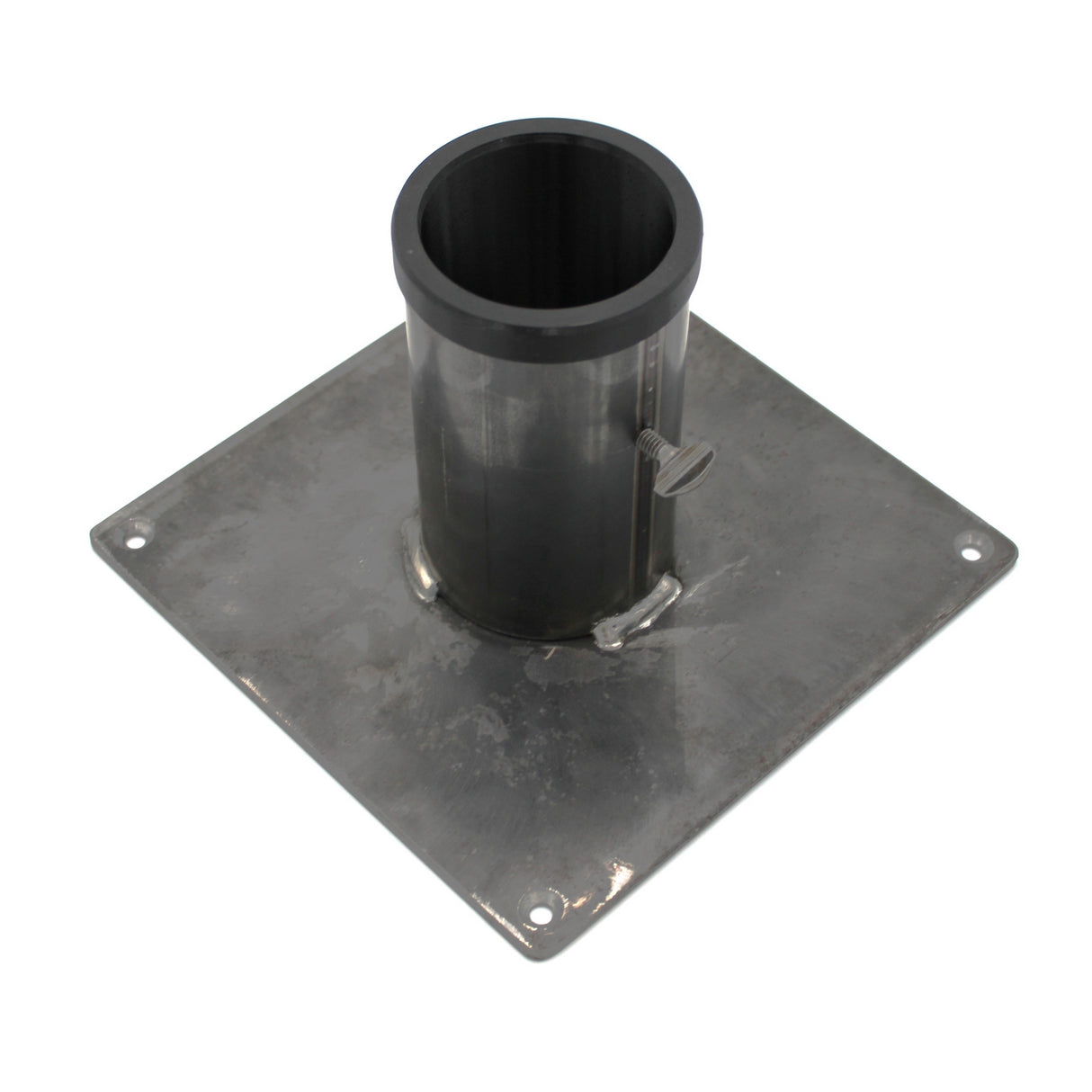 The Steel Base for 2.56" Round Profiles features a welded vertical tube at the center, a side screw, and four corner holes for secure floor stand mounting.