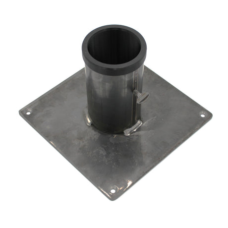 The Steel Base for 2.56" Round Profiles features a welded vertical tube at the center, a side screw, and four corner holes for secure floor stand mounting.