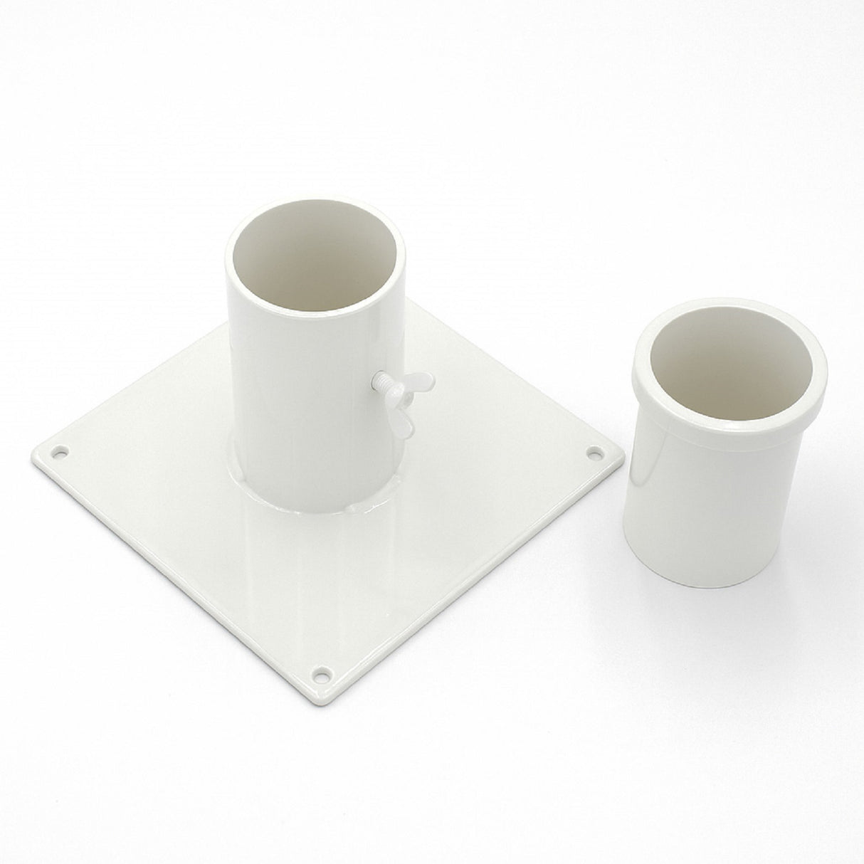 The Steel Base for 2.56" Round Profiles, featuring a white steel mounting plate with side screw and a separate white plastic cylindrical insert, is displayed on a plain white background.