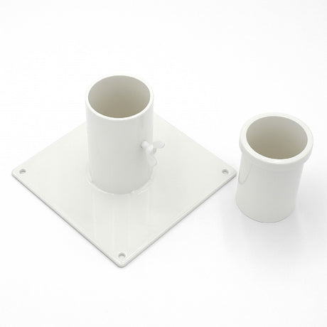 The Steel Base for 2.56" Round Profiles, featuring a white steel mounting plate with side screw and a separate white plastic cylindrical insert, is displayed on a plain white background.