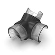 The Translucent Elbow with Crossing for Oslo Profile is a 3D printed black plastic connector featuring five cylindrical openings at varying angles and subtle translucent elbow segments, shown on a white background.