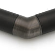 Close-up of a Translucent Elbow for Oslo Profile, showing the 90-degree angled connector joining black metal pipes. The transition between straight sections is clear against a white background.