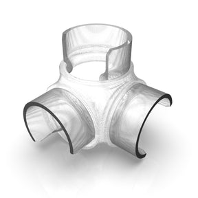 A 3D-rendered, 3D printed Translucent Elbow with Crossing for Oslo Profile features four cylindrical openings in a cross shape with sections cut away to reveal its hollow interior, displayed on a white background.