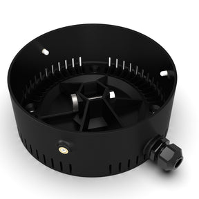 A black circular Plastic Base for Smokies150 Profile, featuring an open top, interior spokes, external screw points, and a side cable gland—designed for LED lights—displayed against a white background.