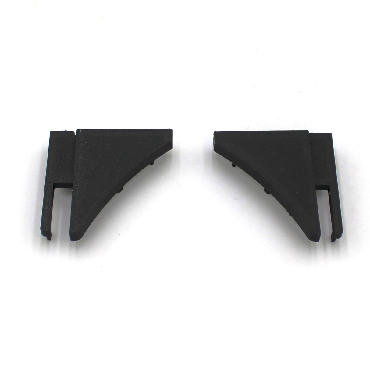Pair of black, triangular PETG End Caps for Pula P10 Profile with flat bases and curved edges, positioned symmetrically on a white background—perfect fit for edge-lit shelf profiles.