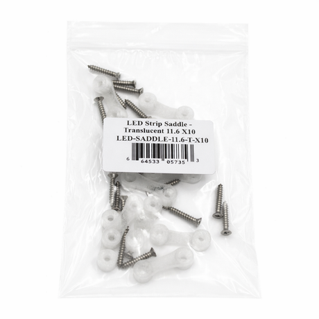 A clear bag labeled "LED Strip Saddle" holds translucent LED saddles and metal screws (Barcode: LED-SADDLE-11.6-T-X10), ideal for fastening waterproof LED strips or 3D-printed parts.