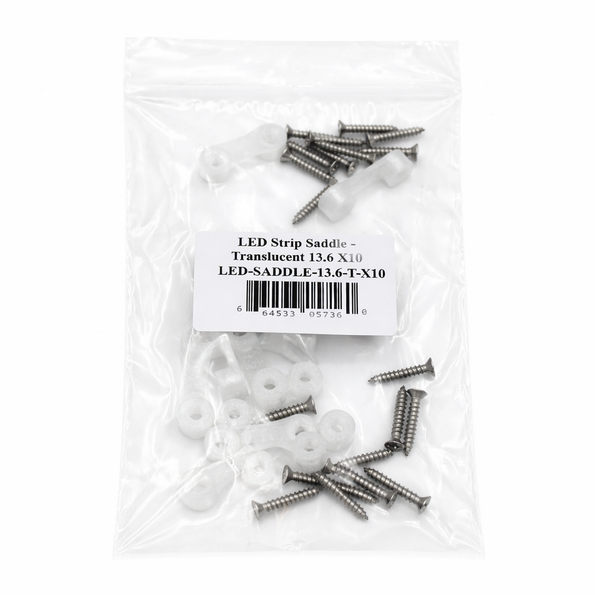 A clear plastic bag of LED Strip Saddle - Translucent 13.6 x 10, includes small translucent mounts and silver screws, ideal for mounting waterproof LED strips or using with 3D-printed accessories.