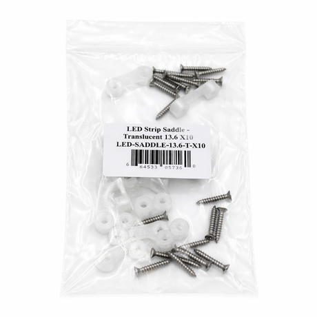 A clear plastic bag of LED Strip Saddle - Translucent 13.6 x 10, includes small translucent mounts and silver screws, ideal for mounting waterproof LED strips or using with 3D-printed accessories.