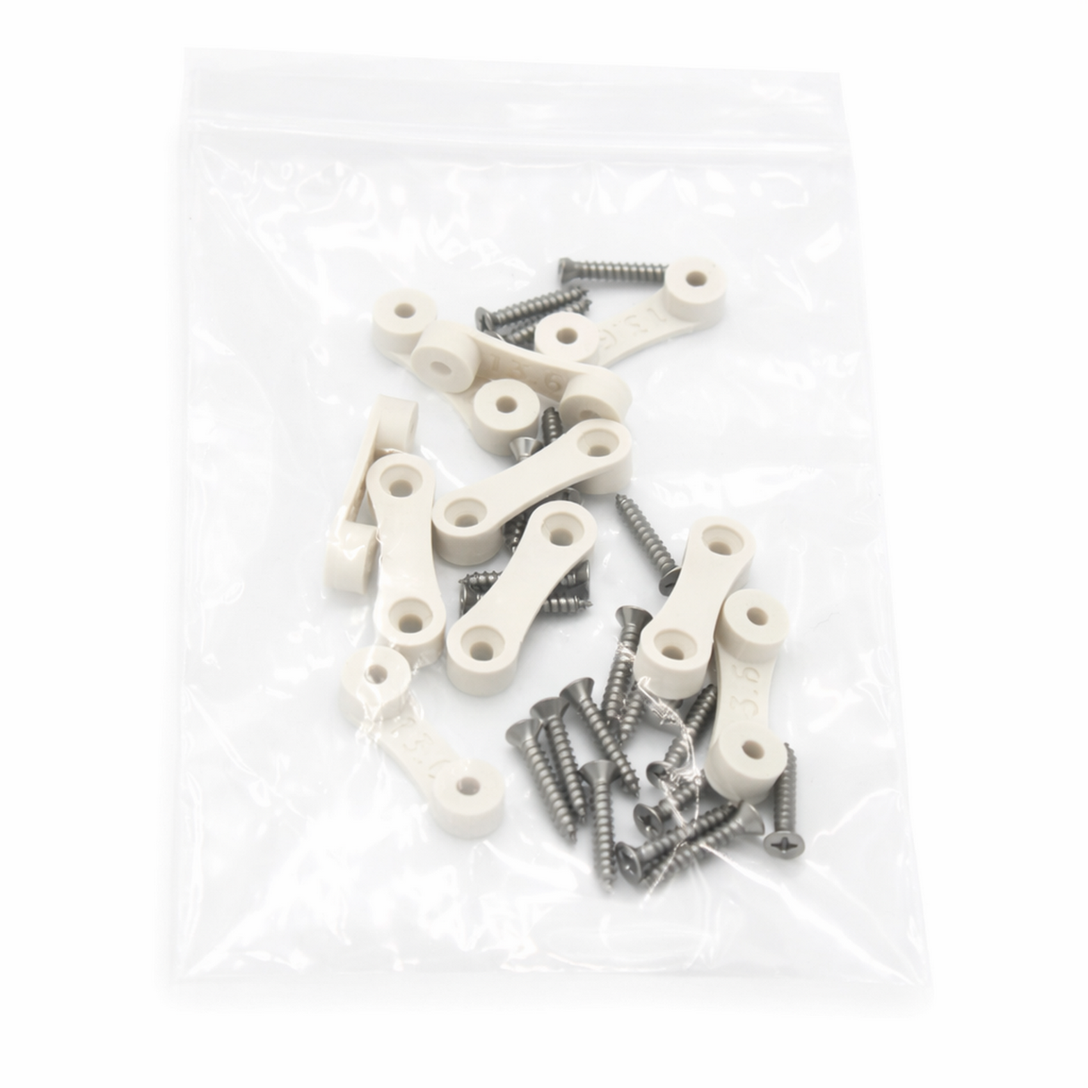 A clear plastic bag containing white plastic LED Strip Saddle hinge pieces and metal screws, ideal for assembling 3D-printed accessories, displayed on a white background.