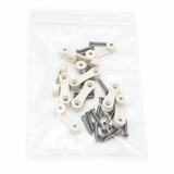 A clear plastic bag containing white plastic LED Strip Saddle hinge pieces and metal screws, ideal for assembling 3D-printed accessories, displayed on a white background.