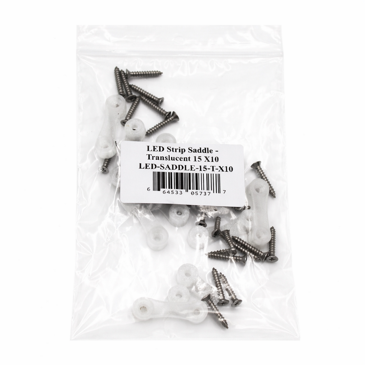 A clear plastic bag labeled LED Strip Saddle with screws and translucent mounts (15 x 10mm) for waterproof LED strips, barcode included. Ideal as 3D-printed accessories for secure installations.