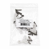 A clear plastic bag labeled LED Strip Saddle with screws and translucent mounts (15 x 10mm) for waterproof LED strips, barcode included. Ideal as 3D-printed accessories for secure installations.
