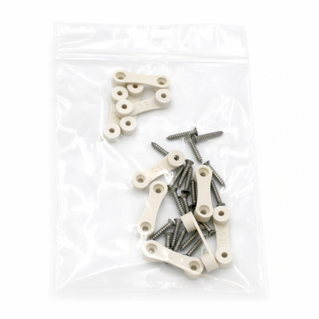 A clear plastic bag holds several white LED Strip Saddles, each with three holes, plus multiple silver screws. Ideal for fixing waterproof LED strips, the saddles and screws are loosely packaged against a white background.