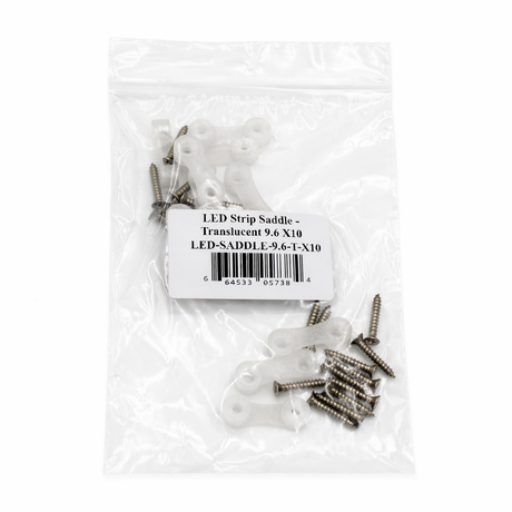 A clear plastic bag contains translucent LED Strip Saddles for securing waterproof strips, plus metal screws. The white label reads “LED Strip Saddle - Translucent 9.6 X10 LED-SADDLE-9.6-T-X10” and includes a barcode.