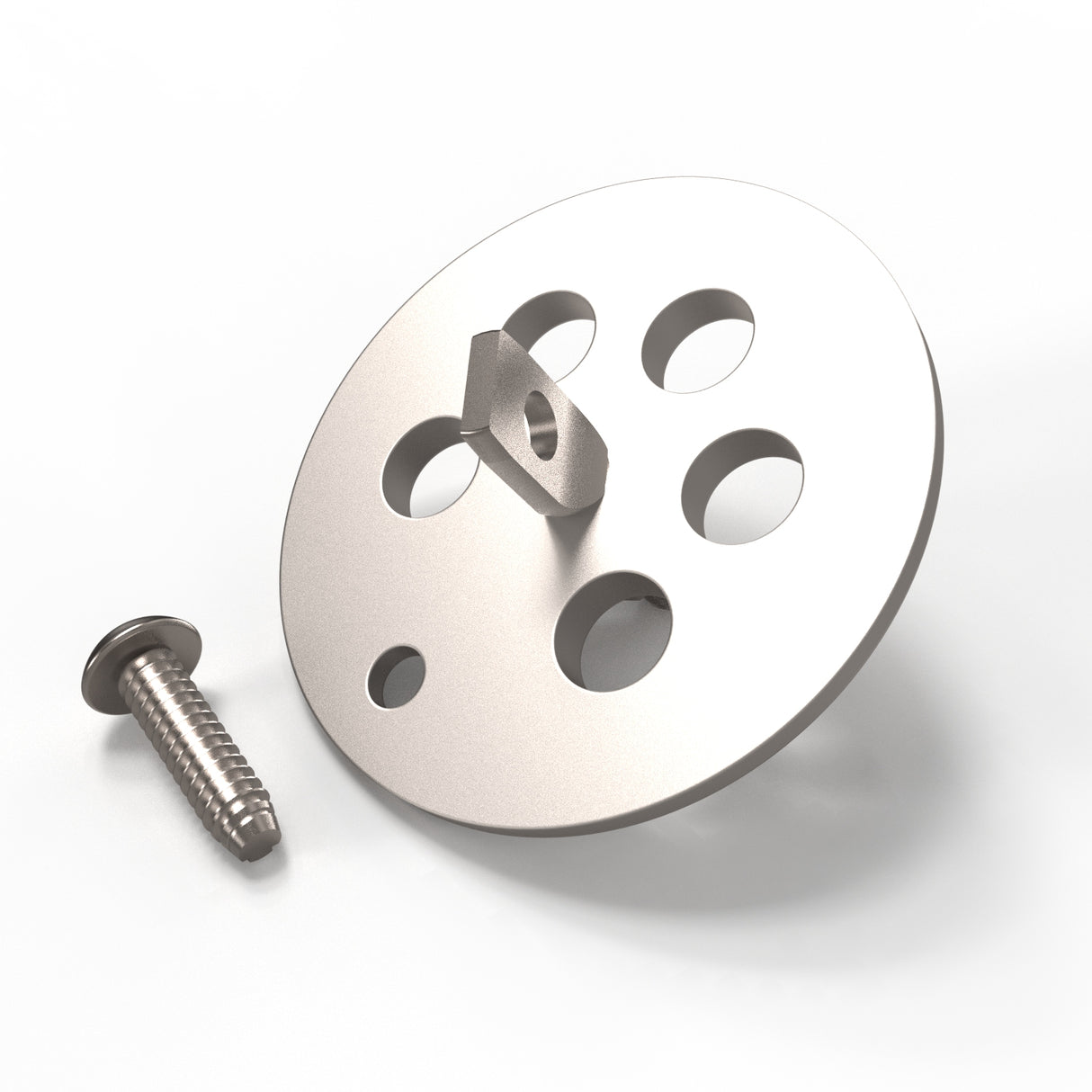The Aluminum End Cap for Sierra38 Profile, featuring five circular holes and a small angular bracket, is displayed with a separate metal screw on a white background; ideal for use with suspended lighting fixtures.