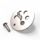 The Aluminum End Cap for Sierra38 Profile, featuring five circular holes and a small angular bracket, is displayed with a separate metal screw on a white background; ideal for use with suspended lighting fixtures.
