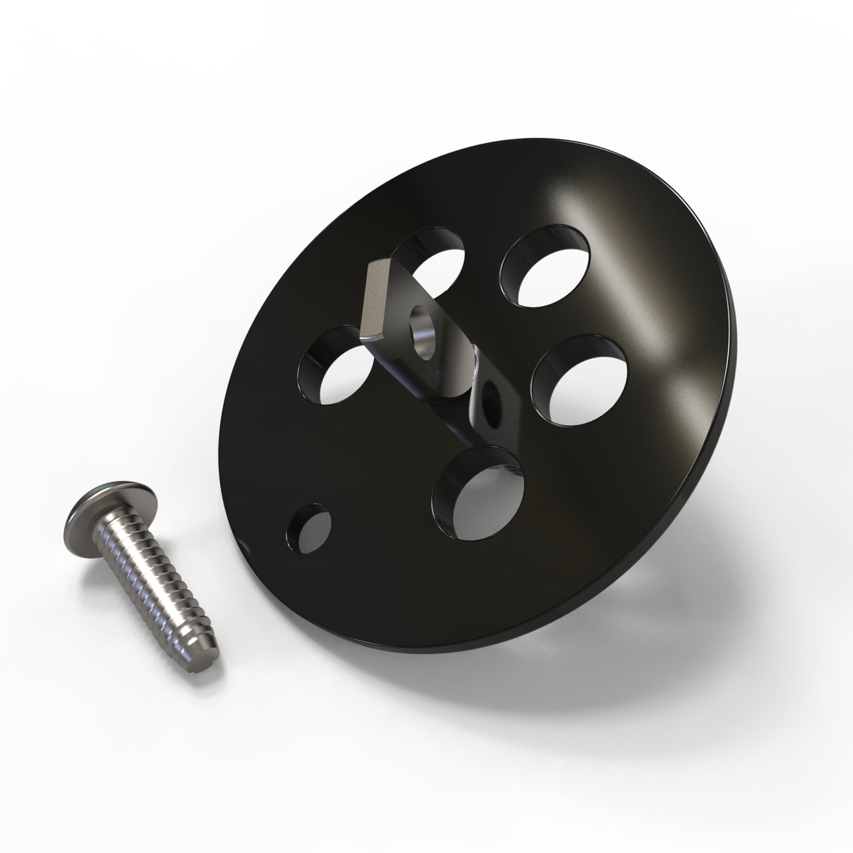 The Aluminum End Cap for Sierra38 Profile is a black, circular end cap with five holes and a central mount, shown next to a silver screw on a white background.