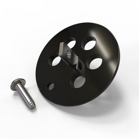 The Aluminum End Cap for Sierra38 Profile is a black, circular end cap with five holes and a central mount, shown next to a silver screw on a white background.