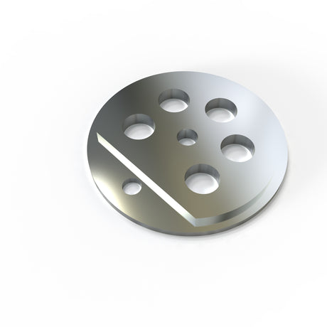 The Aluminum End Cap for Sierra38 Profile is a round, metallic piece with five holes and a diagonal groove, designed for suspended lighting fixtures and shown on a white background.