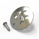 An Aluminum End Cap for the Sierra38 Profile with five holes and a central notch is shown beside a matching screw, both set against a white background.
