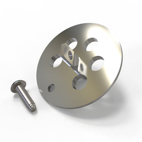 An Aluminum End Cap for the Sierra38 Profile with five holes and a central notch is shown beside a matching screw, both set against a white background.