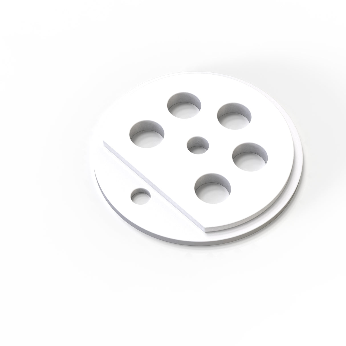 The Aluminum End Cap for Sierra38 Profile is white, features six round holes in a pattern, and has a diagonal groove with a small hole on one side—ideal for suspended lighting fixtures.