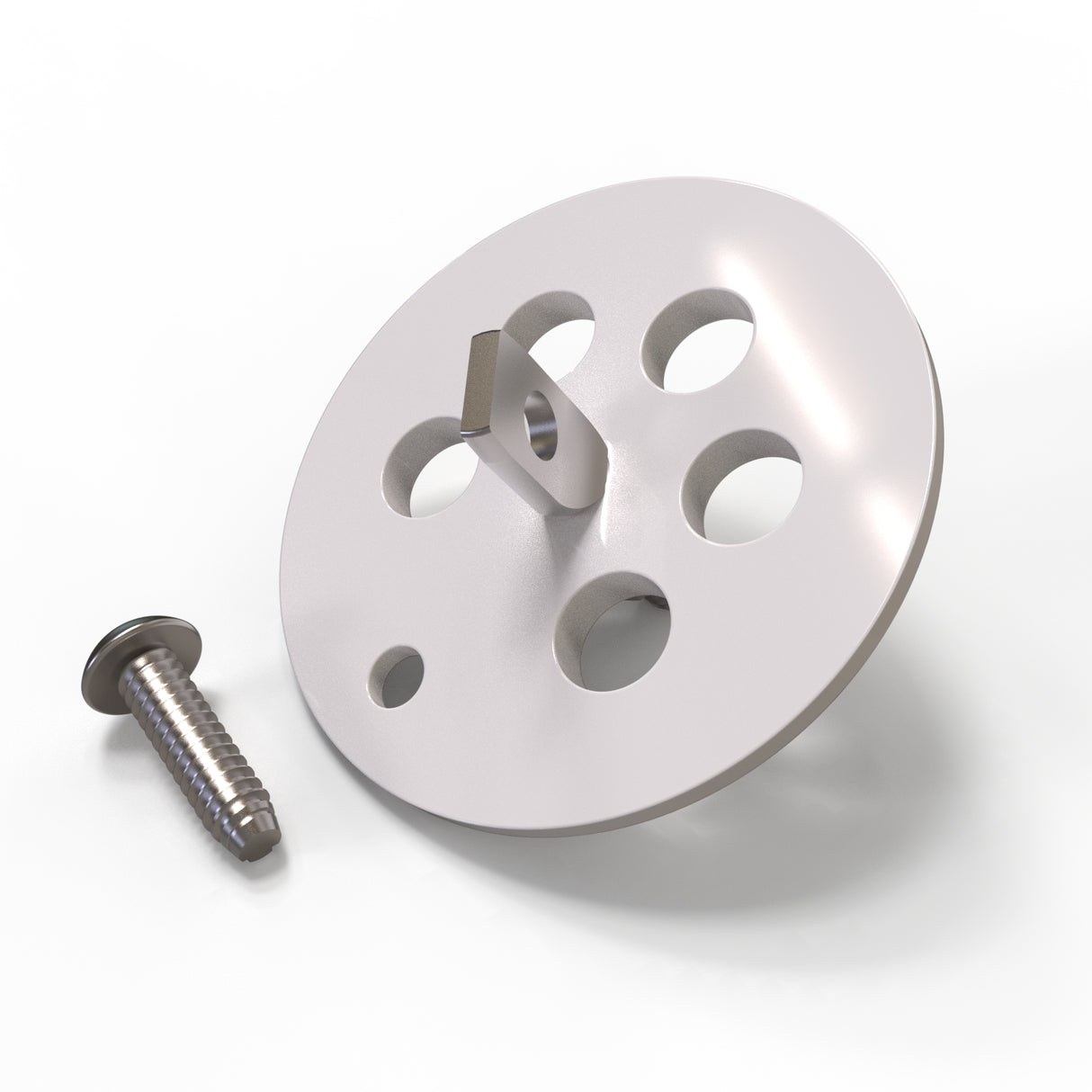 The Aluminum End Cap for Sierra38 Profile is a metal disk with five circular holes and a central square peg, shown next to a single metal screw on a white background.