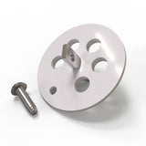 The Aluminum End Cap for Sierra38 Profile is a metal disk with five circular holes and a central square peg, shown next to a single metal screw on a white background.