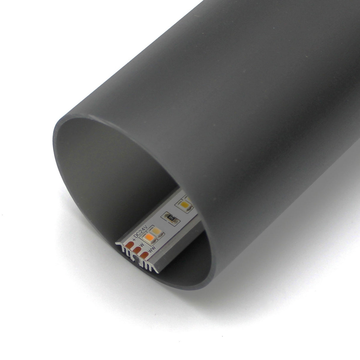 A close-up of the 2.56" Round Acrylic LED Lighting Tube (Model Sierra65) in black, featuring a visible LED strip through the open end—ideal for outdoor LED lighting applications.