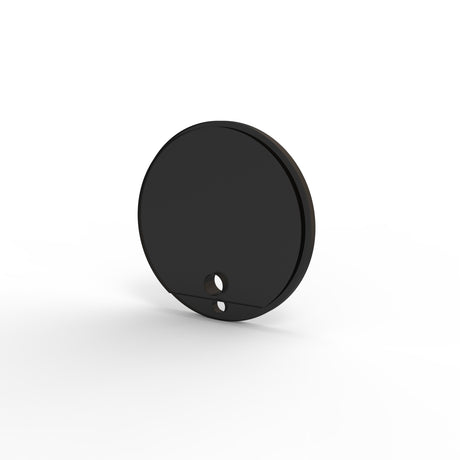 A black, round, flat Plastic End Cap for Sierra65 Profile with two small holes near the bottom edge, shown on a plain white background.