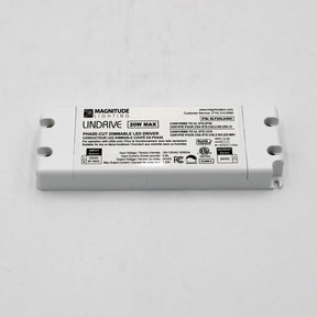 A white rectangular Compact Electronic Phase Dimmable LED Driver (24V) by Magnitude LinDrive, labeled 20W Max with detailed specs and certification logos, designed for under cabinet lighting and compatible with phase dimmable systems.