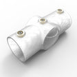 The Translucent Cross Joint for 1.50 Round Profiles features a smooth, shiny surface and three circular metal inserts at each end and on the branch. The white PETG joint is shown on a white background.