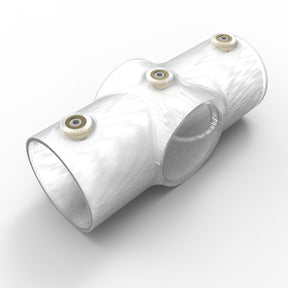 The Translucent Cross Joint for 1.50 Round Profiles features a smooth, shiny surface and three circular metal inserts at each end and on the branch. The white PETG joint is shown on a white background.