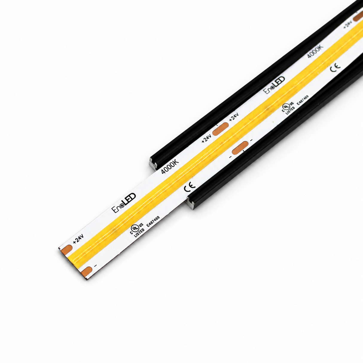A close-up of the COB IP20 Dotless LED Strip (24V) ~ UniBasic Series, featuring high CRI performance and labeled 4000K, mounted in a black channel with visible wiring and certification markings.