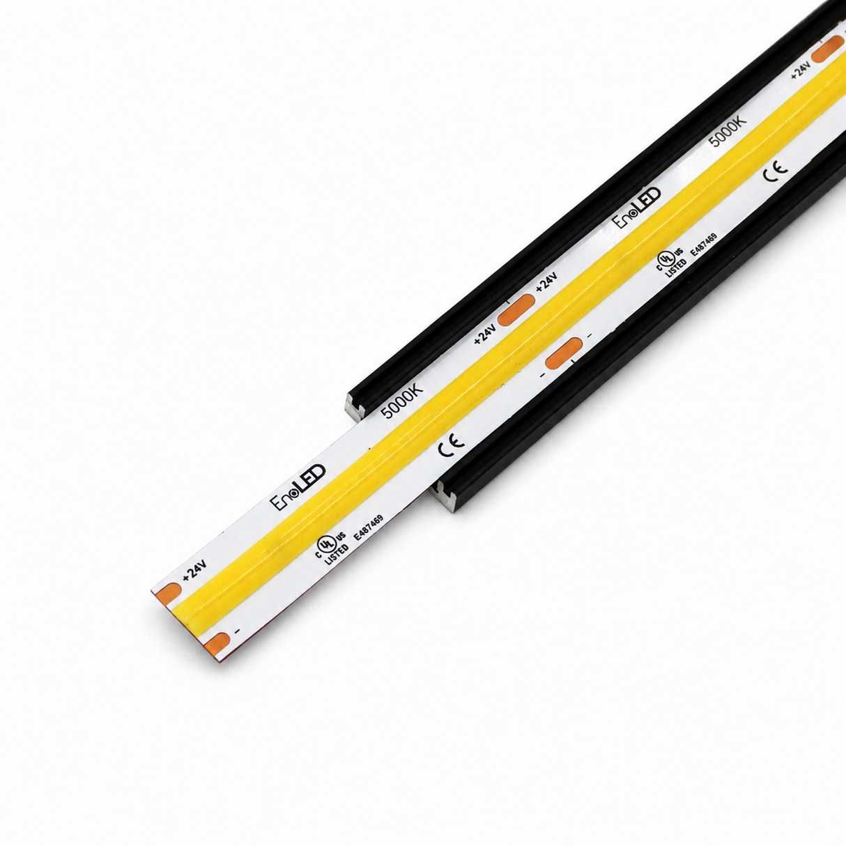 A white, flexible COB IP20 Dotless LED Strip (24V) ~ UniBasic Series in 5500K is partially inserted into a black channel or housing, placed on a white background.
