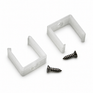 Two white plastic Mounting Clips for Visby Profile, designed for Square LED Diffuser Tubes, are displayed with two metal screws on a white surface.