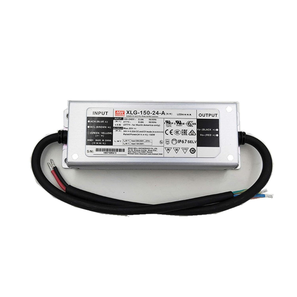 The Compact IP67 Waterproof LED Driver (24V) from the Meanwell XLG Series is a rectangular unit with black cables at each end, clear input/output labels, and technical specs on the front—designed for efficient, reliable LED power.