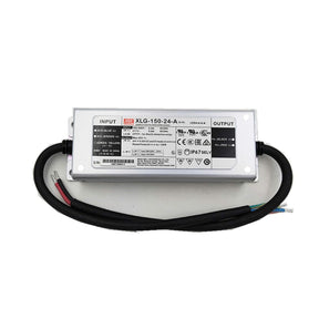 The Compact IP67 Waterproof LED Driver (24V) from the Meanwell XLG Series is a rectangular unit with black cables at each end, clear input/output labels, and technical specs on the front—designed for efficient, reliable LED power.