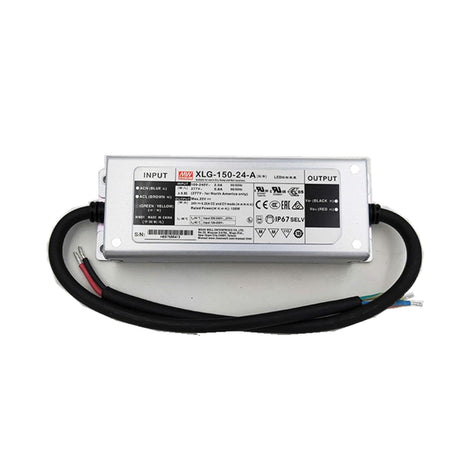 The Compact IP67 Waterproof LED Driver (24V) from the Meanwell XLG Series is a rectangular unit with black cables at each end, clear input/output labels, and technical specs on the front—designed for efficient, reliable LED power.
