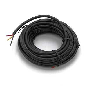 A 3-Core 18 AWG PVC Sheathed Wire for Tunable White LED Strip with red, yellow, and black exposed ends rests on a white surface, ideal for connecting LED lighting systems.