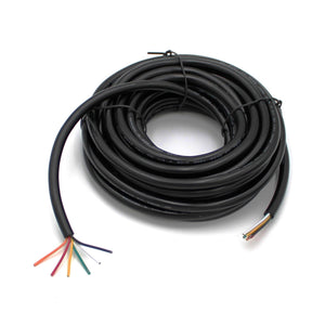 A 6-Core 18 AWG PVC Sheathed Wire for RGB+TW LED Strip with multiple colored internal wires exposed at both ends is displayed on a white background.