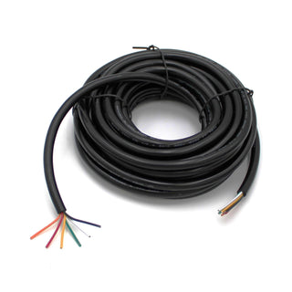 A coiled black 6-core 18/20 AWG PVC sheathed wire for RGB+TW LED strips, featuring durable insulated copper conductors with exposed red, orange, yellow, green, blue, and black wires at both ends.