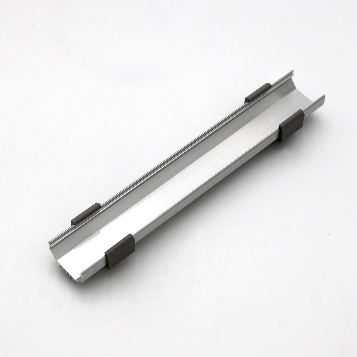 A slightly curved silver metal bar with four dark brown A103 Pair of Clips evenly spaced along its sides, set on a plain white background. Bulk pricing available.