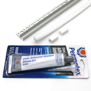 A RGB LED Tile Edge Light Strip Kit (24V) ~ Nicho Series is displayed alongside two white plastic strips, two white rectangular end caps, a white perforated metal strip, and an aluminum LED channel—perfect for securing your waterproof lighting.